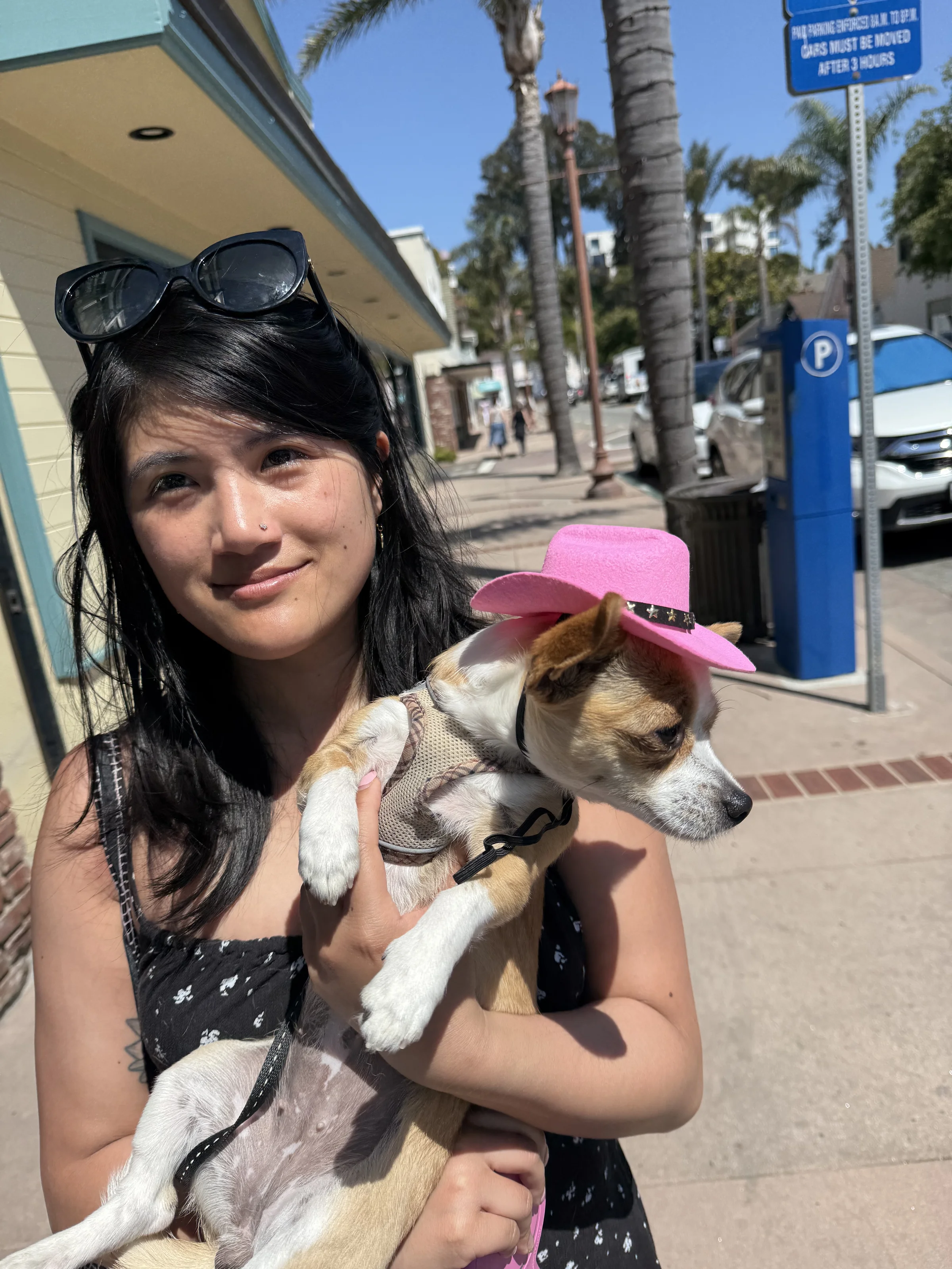 Olivia holding Biscuit the chihuahua in a pink cowboy hat
